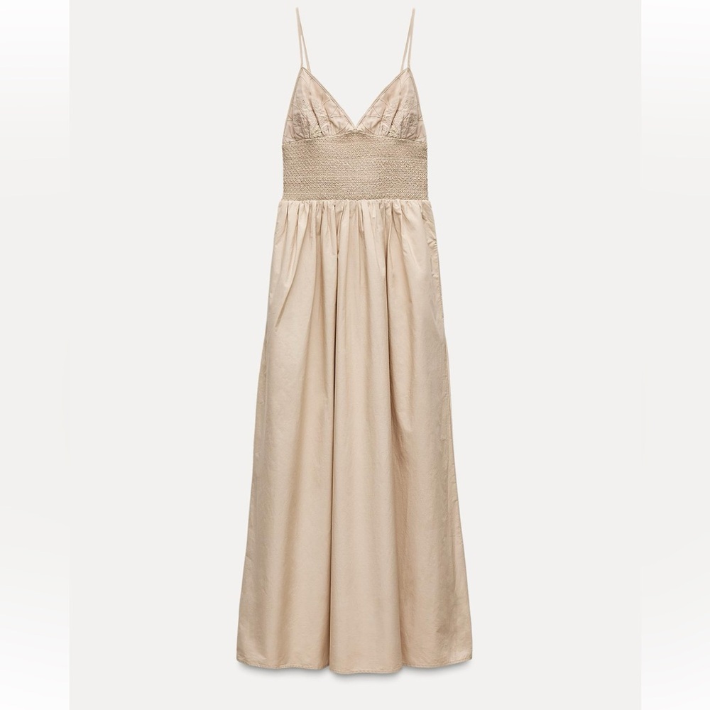 Beige Embroidered Gabardine Dress